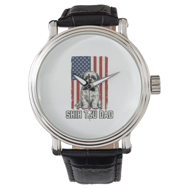 Shih Tzu Dad Patriotic Flag Vintage Dog Shirt_1 Horloge (Voorkant)