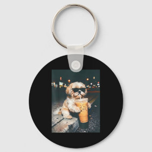 Shih tzu die ijs-koffie drinkt grappige huisdier l sleutelhanger
