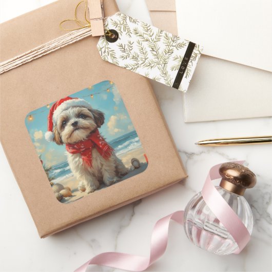 Shih Tzu Dog Christmas  Beach Vierkante Sticker (Geschenken)