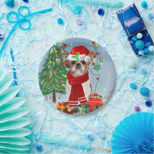 Shih Tzu Dog in sneeuwkerst Papieren Bordje (Feest)