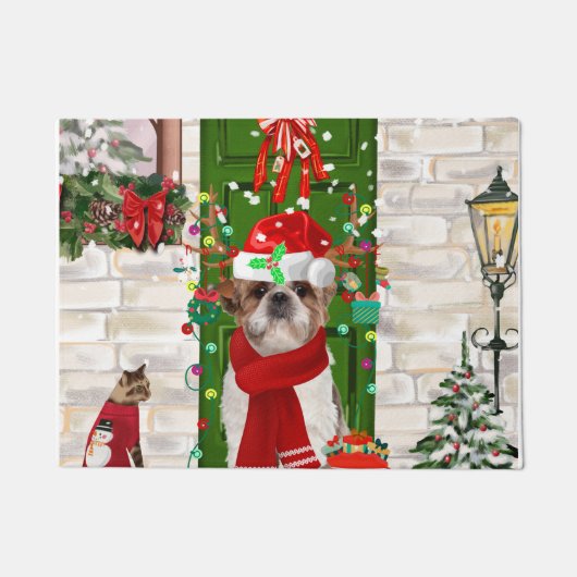 Shih Tzu Dog Kerstmis Deurmat (Voorkant)