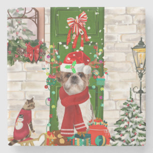 Shih Tzu Dog Kerstmis Stenen Onderzetter
