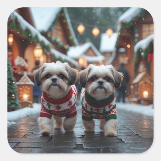 Shih Tzu Dogs Christmas Snow Holiday Vierkante Sticker (Voorkant)