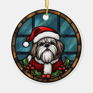 Shih Tzu Gebrandschilderde Glas Kerstmis Keramisch Ornament