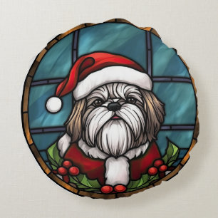 Shih Tzu Gebrandschilderde Glas Kerstmis Rond Kussen