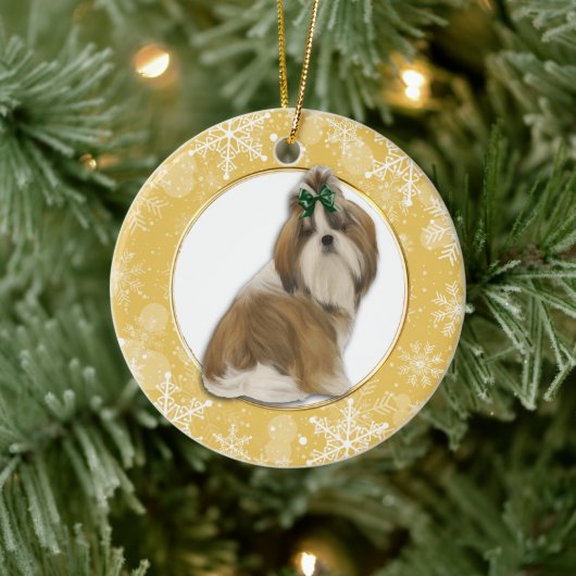 Shih Tzu Gold Snowflake Border Keramisch Ornament (Boom)