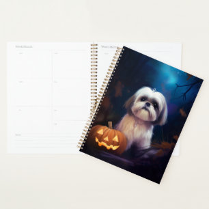 Shih Tzu Halloween avec citrouilles effrayant