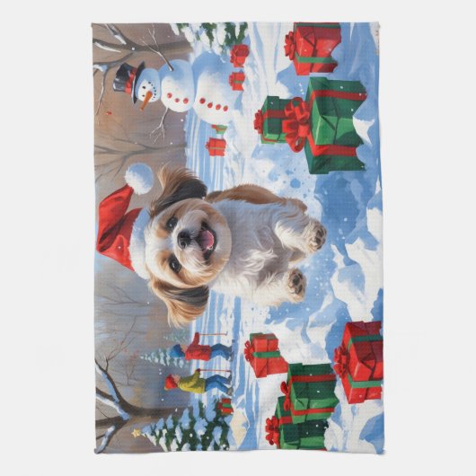 Shih Tzu hardlopen in de sneeuw met kerst Pet Theedoek (Verticaal)