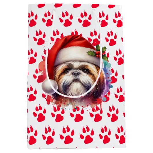 Shih Tzu Hond in Santa Hat Kerst Medium Cadeauzakje (Voorkant)