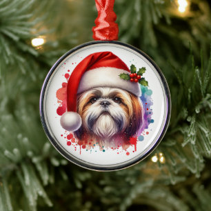 Shih Tzu Hond in Santa Hat Kerst Metalen Ornament