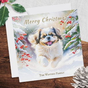 Shih Tzu-hond in wintersneeuw Prettig kerstfeest Feestdagenkaart