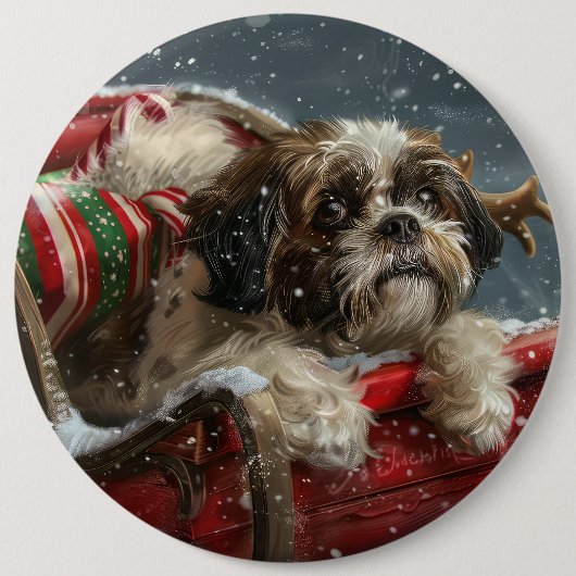 Shih Tzu Hond Kerstfeest Ronde Button 6,0 Cm (Voorkant)