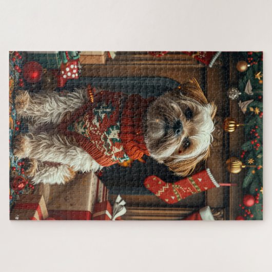 Shih Tzu hond met kerstcadeaus open haard Legpuzzel (Horizontaal)