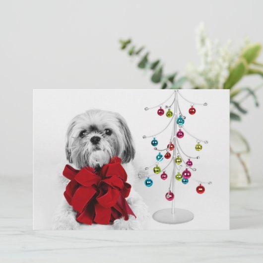 Shih Tzu hond met rode strik van speelgoed kerstbo Feestdagenkaart (Staand voorkant)