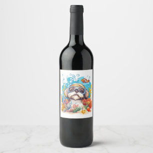 Shih Tzu hond snorkelt op koraalrif Wijn Etiket