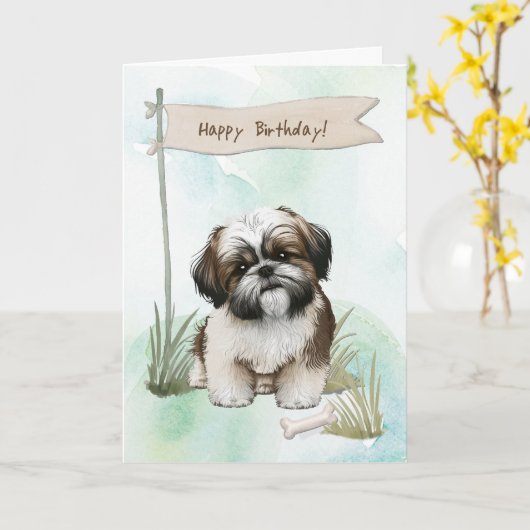 Shih Tzu Hondenras buiten onder verjaardagsbord Kaart (Gele Bloem)