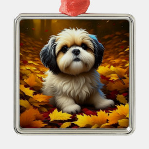 Shih Tzu-hondje speelt in herfstbladeren   Metalen Ornament