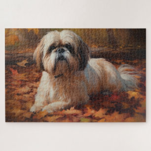 Shih Tzu in herfstbladeren vallen inspireren Legpuzzel