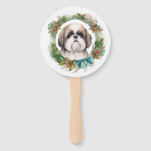 Shih Tzu Kerstkrans feestelijke pup Handwaaier (Voorkant)