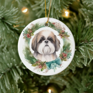 Shih Tzu Kerstkrans feestelijke pup Keramisch Ornament