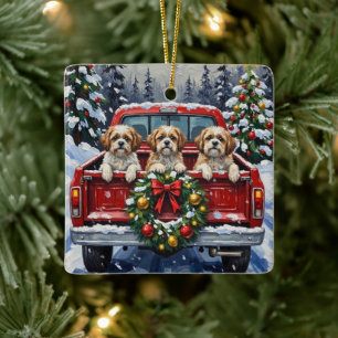 Shih Tzu Kerstmis Rode Truck Winter Keramisch Ornament