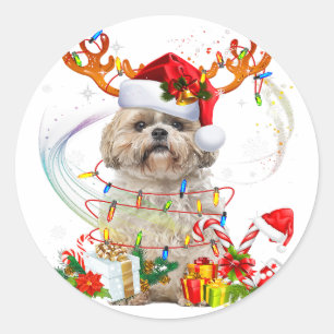 Shih Tzu Kerstrendierster Kerstlampjes Ronde Sticker