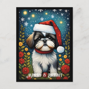 Shih Tzu Kleurrijke Bloem Santa Hond Kerstmis Briefkaart