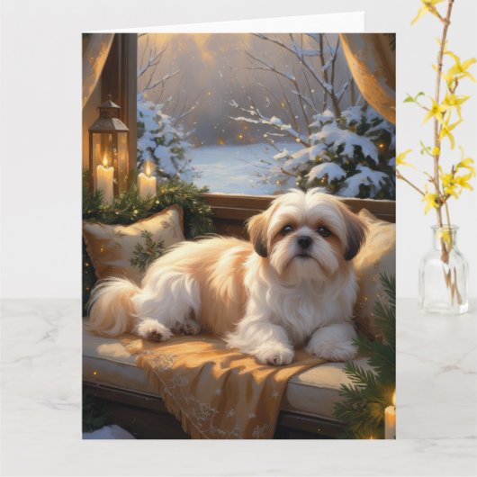 Shih Tzu met kerstverlichting Vakantie Kaart (Gele Bloem)