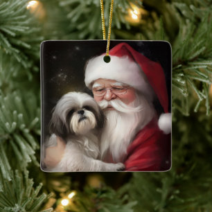 Shih Tzu Met Sinterklaas Feestelijke Kerstmis Keramisch Ornament