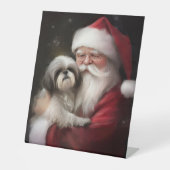 Shih Tzu Met Sinterklaas Feestelijke Kerstmis Reclamebord Met Voetstuk (Voorkant)