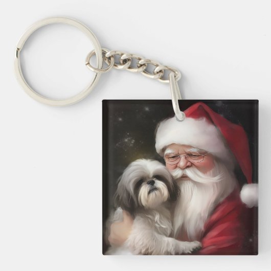 Shih Tzu Met Sinterklaas Feestelijke Kerstmis Sleutelhanger (Voorkant)