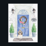 Shih tzu Moving Faire-part Carte postale<br><div class="desc">Annoncez votre nouvelle adresse grâce à notre faire-part élégante avec un tzu Shih aux cheveux longs,  une porte d'entrée bleue,  un tapis de bienvenue,  un panneau en ardoise,  des topiaires et une couronne fleurie posée sur un arrière - plan en brique grise.</div>