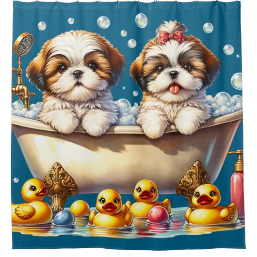 Shih Tzu Puppies in Bubble Bath Douchegordijn (Voorkant)
