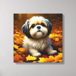 Shih Tzu Puppy Dog Spelen In Herfst Bladeren Canvas Afdruk