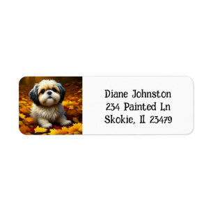 Shih Tzu Puppy Dog Spelen In Herfst Bladeren Etiket