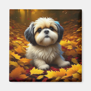 Shih Tzu Puppy Dog Spelen In Herfst Bladeren Magneet