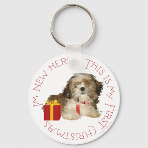 Shih Tzu Puppy First Kerstmis Sleutelhanger