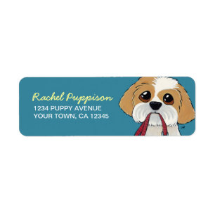 Shih Tzu Puppy op blauw Terugzendadres van de ho Etiket