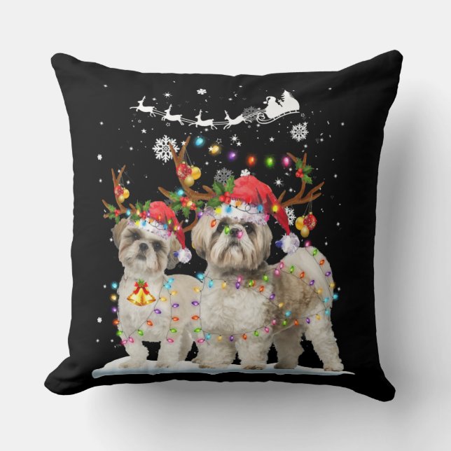 Shih Tzu Reindeer Xmas lichte kerstversieringen Kussen (Voorkant)