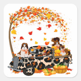 Shih Tzu Riding Leopard Truck Pumpkin Thanksgiving Vierkante Sticker