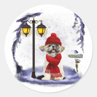 Shih Tzu Santa Snow Light Winter Gift Ronde Sticker
