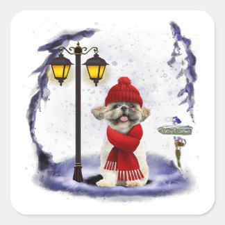 Shih Tzu Santa Snow Light Winter Gift Vierkante Sticker