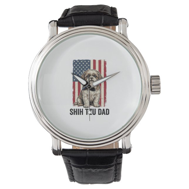Shih Tzu Vader Patriottisch Vintage Hond Shirt Ont Horloge (Voorkant)