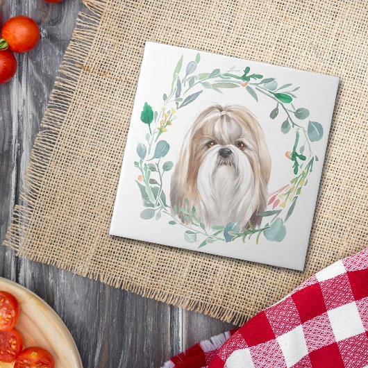 Shih-Tzu Waterverf Wreath Tegeltje