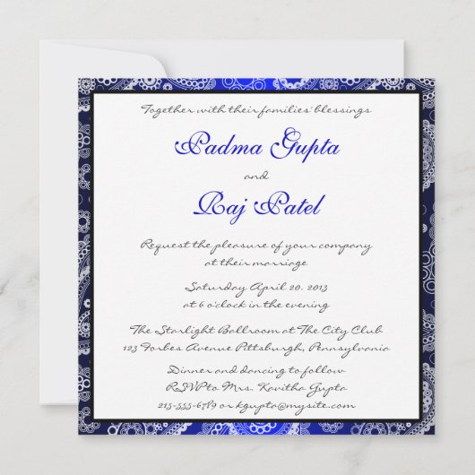 Shimmer Blue en White Paisley Wedding Invitation Kaart (Achterkant)