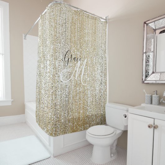 Shimmering Champagne Sparking Modern Monogram Douchegordijn (In situ)