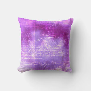 Shimmering Paarse Scroll en Feather Pen Script Kussen