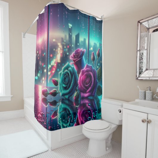 "Shimmering Raindrop Roos Cityscape Bokeh Art" Douchegordijn (In situ)