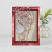 Shimmering Seashell Red Beach Wedding Invitation Kaart (Staand voorkant)