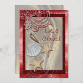 Shimmering Seashell Red Beach Wedding Invitation Kaart (Voorkant / Achterkant)